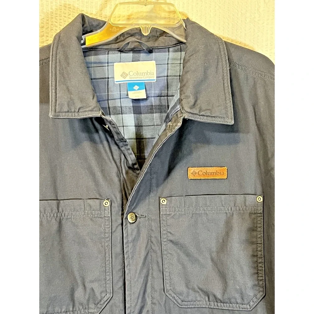 Columbia Lodge Chore Coat Jacket Mens XXL Navy Blanket Leather‎ Patch Canvas 90s